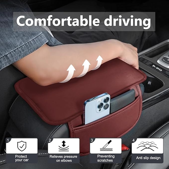 Car Center Console Cover Leather Armrest Cover Cushion with 2 Storage Bags Universal Car Armrest Seat Box Pad Car Interior Accessories Protector for Most Vehicle (red)