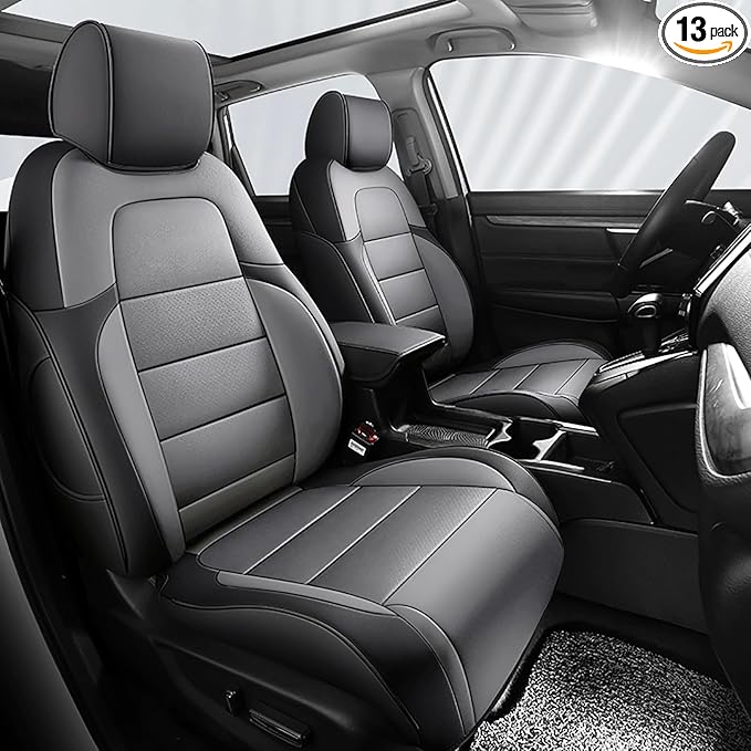 HKZ Fit CRV Car Seat Covers Full Set for Honda CR-V 2017 2018 2019 2020 2021 2022 CRV Touring;CR-V EX;CR-V Sport;CR-V SE & CR-V EX-L - Leather (Black/Gray)