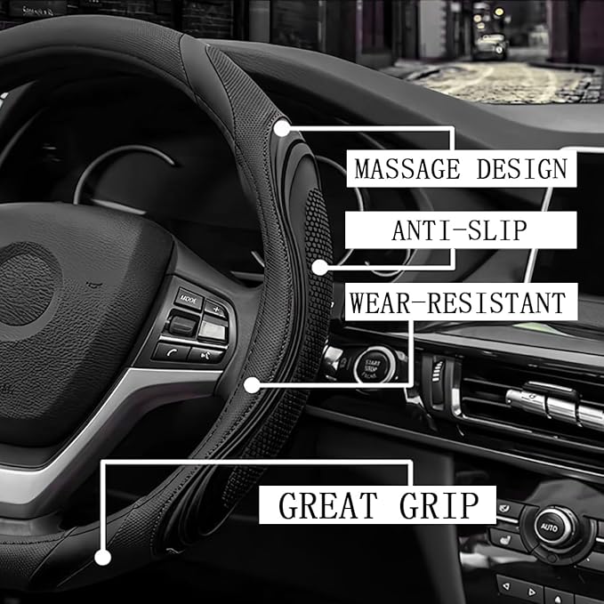 15 Inch Car Leather Steering Wheel Cover, Automotive Accessories Elastic Breathable Anti-Slip Soft Wheel Protector Fits Men and Women, Suitable for SUVs, Trucks, Vehicles and RVs (Black)