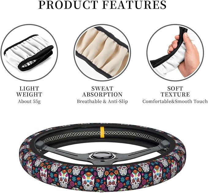 Neoprene Steering Wheel Cover Skull Florals Car Steering Wheel Cover Universal Fit for Most Cars