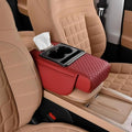 Multifunctional Pu Leather Car Armrest Box Mat, 5-in-1 Waterproof Car Armrest Organizer, Car Armrest Cushion Heightening Pad with Cup Holder, Tissue Boxes for Most Cars (Burgundy-B)