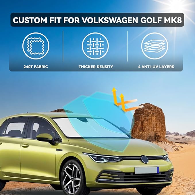 for Volkswagen Golf Mk8 2022-2025 2026 Windshield Sun Shade - 4 Layers Car Sunshades for Front Windows Shade Cover Custom Fit Golf Mk8 Sun Visor 240T Retractable Shade Blocks UV Rays Car Accessories