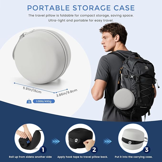 Owlprince Travel Neck Pillow for Airplane, Neck Travel Pillow, Upgraded Soft 100% Pure Memory Foam - Lightweight and Stowable - Ergonomic Design for Long Flights, Car, Train, Office Use