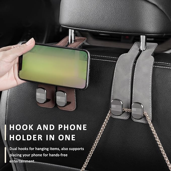 Sun Walker 2 PCS Car Seat Headrest Hooks, Auto Back Seat Purse Hook Bag Organizer with American Flag, Vehicle Double Metal Hooks Storage Hanging Holder for Handbags Coats Phones (Gray)
