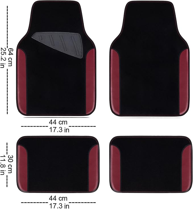 CAR PASS Waterproof Universal Fit Car Floor Mats, Car Mats Fit for SUV,Vans,sedans, Trucks,Set of 4pcs Car Carpet with Driver Heel Pad（Black and Burgundy）