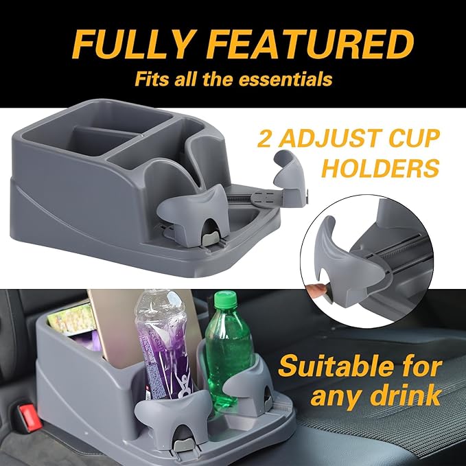 Zinytrae Universal Big Center Console for Cars, Trucks, Minivans, SUVs, Car Console Organizer with 2 Adjustable Cup Holders, Seatbelt for Secure Hold Car Seat Organizer, Truck Floor Console