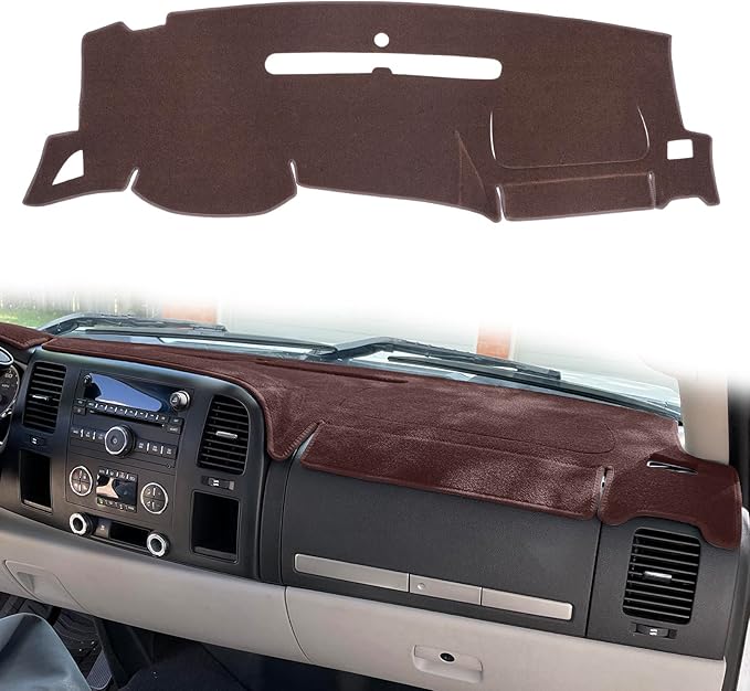 Dashboard Cover for GMC Sierra and Chevrolet Silverado- Fits 2007-2013 Models with Two Glove Boxes. Custom Fit Dash Mat, Won't Break Dash Sensors(Premium Carpet, Brown)