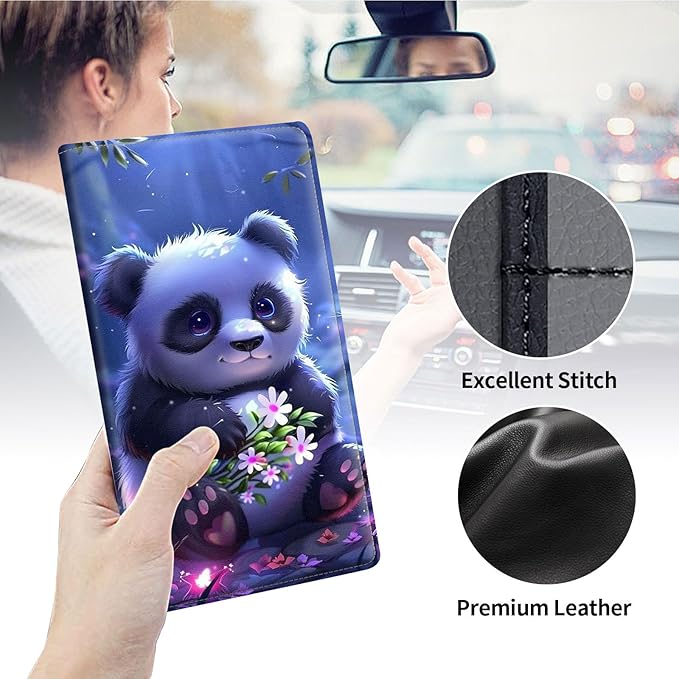 Qindaiwen Car Registration and Insurance Holder, Vehicle Card Document Elastic Band Closure Glove Box Organizer, Driver License Cards, Car Accessories for Essential Info, Lovely Panda