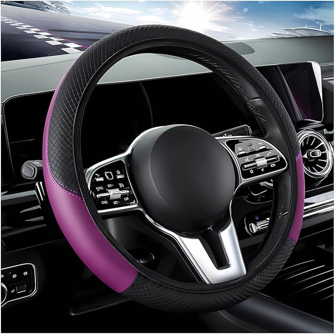 Car Steering Wheel Cover, 15 Inch Carbon Fiber Leather Stitching Color Steering Wheel Protector, Anti-Slip Elastic Breathable Steering Wheel Cover Stylish Decor for Most Cars (Black&Purple, AD)