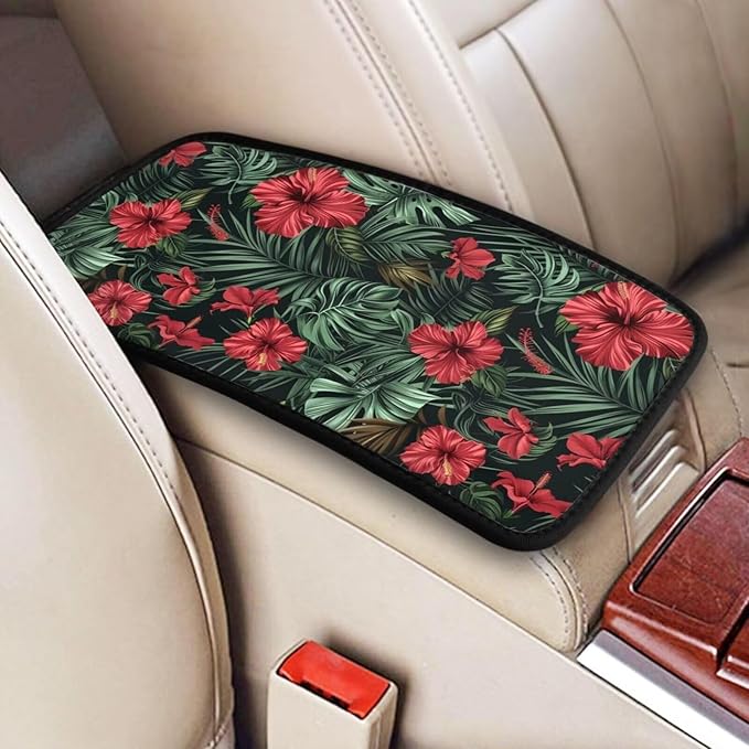 Red Hibiscus Auto Center Console Pad Aloha Palm Leaf Monstera Car Armrest Seat Box Cover Protector, Universal Non Slip Soft Center Console Armrest Pad for Vehicle, SUV, Truck