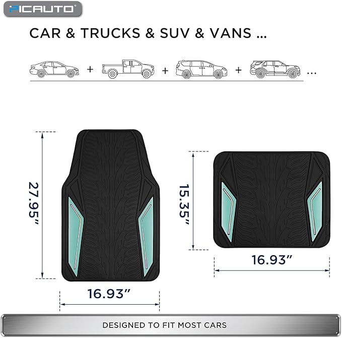 PIC AUTO Rubber Floor Mats, Mint Aluminum Film with Colorful Piping Floor Mats for Cars, Car Mats with Non-Slip Backing, All-Weather Protection, Trim-to-Fit Liner for Cars, SUVs, Trucks, Vehicles