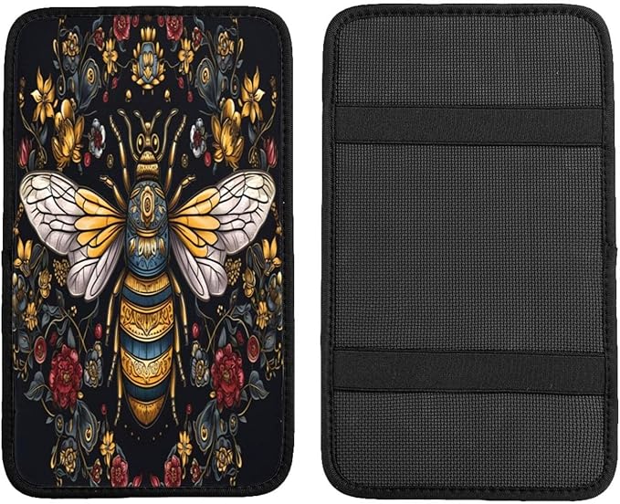 ANFXIEDU Bee with Queen 1 Car Center Console Cover, Armrest Pad Cover Universal Car Arm Rest Seat Storage Box Mat