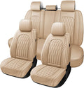 WELLDO Car Seat Covers Full Set, Leather Seat Covers for Cars, Car Seat Protector Waterproof, Non-Slip Car Interior Covers Full Set Universal Automotive Seat Covers for Most Cars SUVs, Beige