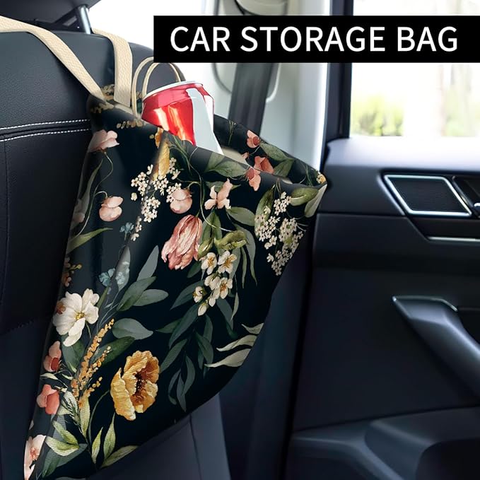 ABUIFDK Car Trash Can, Cute Car Trash Bag, Hanging Car Organizer and Storage Bag, Trash Bin for Car Accessories, Vehicle, Travelling, Camping Watercolor Flowers
