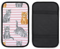 Auto Center Console Cushion Pad Pink Stripes Cute Cat, Waterproof Armrest Box Protection Cover, Comfortable Interior Accessories