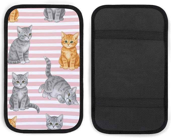 Auto Center Console Cushion Pad Pink Stripes Cute Cat, Waterproof Armrest Box Protection Cover, Comfortable Interior Accessories