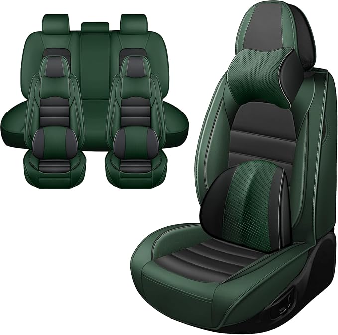 Iceleather Luxury Car Seat Covers for Ford Edge 2007-2025,Waterproof Soft Breathable PU Leather Seat Cover with Storage Pockets(Black&Green,Full Set with Pillow)