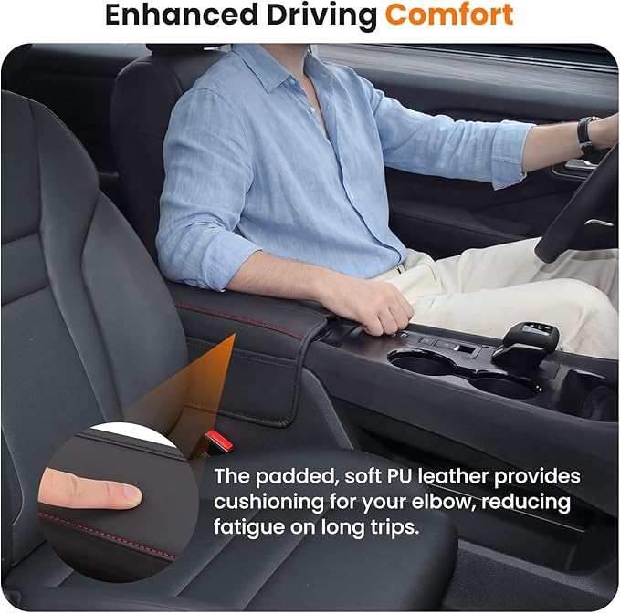 Center Console Armrest Cover for Nissan Rogue 2021-2026, Middle Console Pad Lid Cover Protector Elbow Arm Rest with Side Pockets, Rogue Interior Accessories, PU Leather (Red Stitches)
