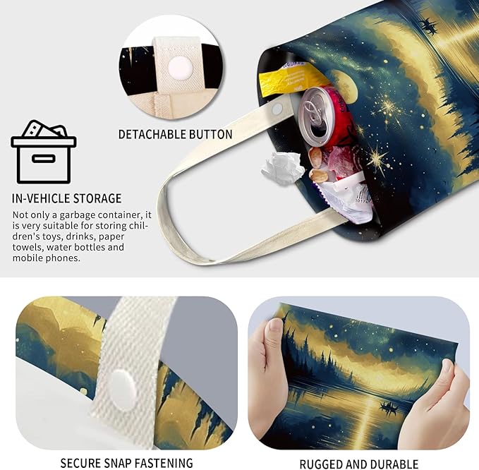 AXZOPDE Cute Car Trash Can, Hanging Canvas Car Back Seat Organizer and Storage Bag, Funny Car Trash Bag for Travelling, Outdoor Night Lake Reflection Pattern