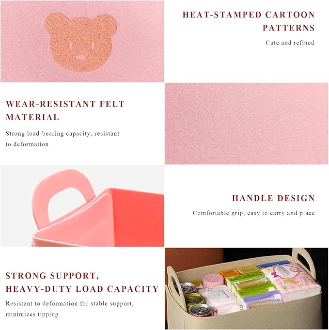 Car Trunk Organizer, Foldable Felt Basket Lightweight Storage Bin with Handles, Large Capacity Flexible Storage Bag Multipurpose Organizer for Vehicle Trunk & Backseat (Pink, 1 Bear)
