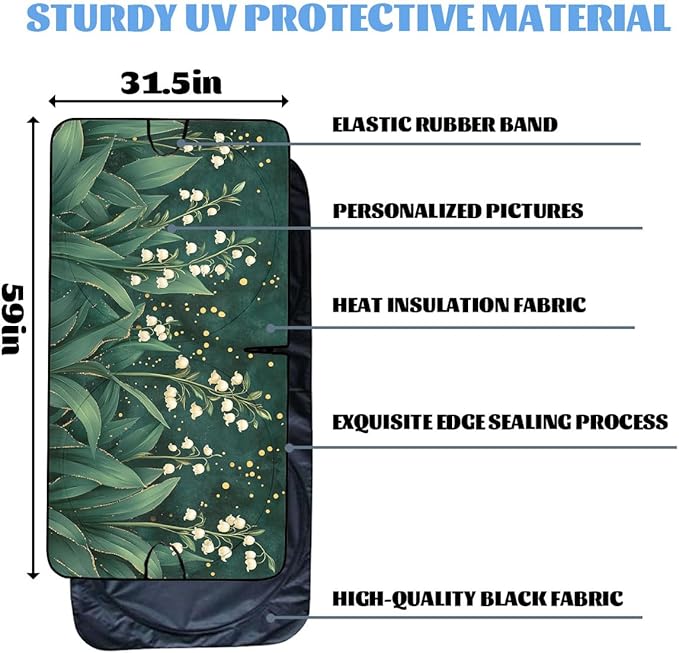 Flowers Car Window Sun Shield White Lily of The Valley Green Botanical Front Window Sun Shade Blocks UV Rays Sun Visor Protector for Car Sedan Truck SUV Accessories 59" L x 31.5" W
