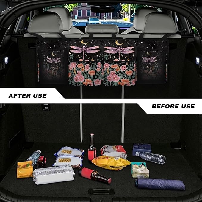 Car Trunk Organizer, Large Capacity Auto Backseat Hanging Organizer, Thick Backseat Storage Bag with 2 Pockets, 2 Mesh Pockets, Car Trunk Tidy Storage Bag with Lids,Dragonfly