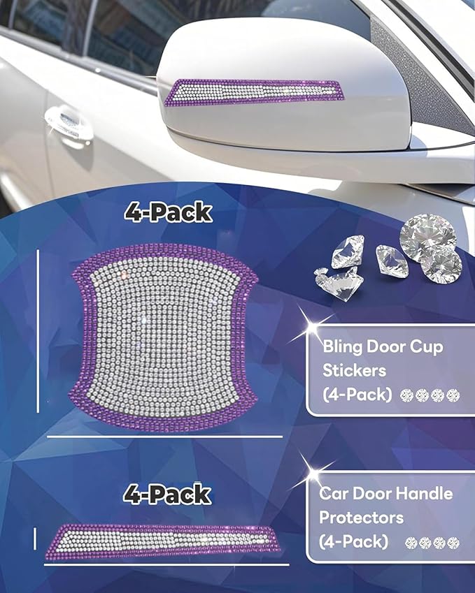 8Pcs Bling Car Door Handle Protector Stickers,Crystal Rhinestone Glitter Car Door Handles Cup Scratch Protectors Decals Universal (Purple White)