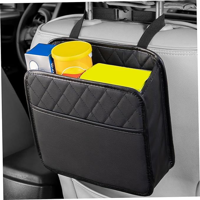 Car Seat Back Storage Bag 10x3x10" Hanging Car Back Seat Organizer & Waterproof Leather Organizer for Automobile, Black Auto Storage Auto Box