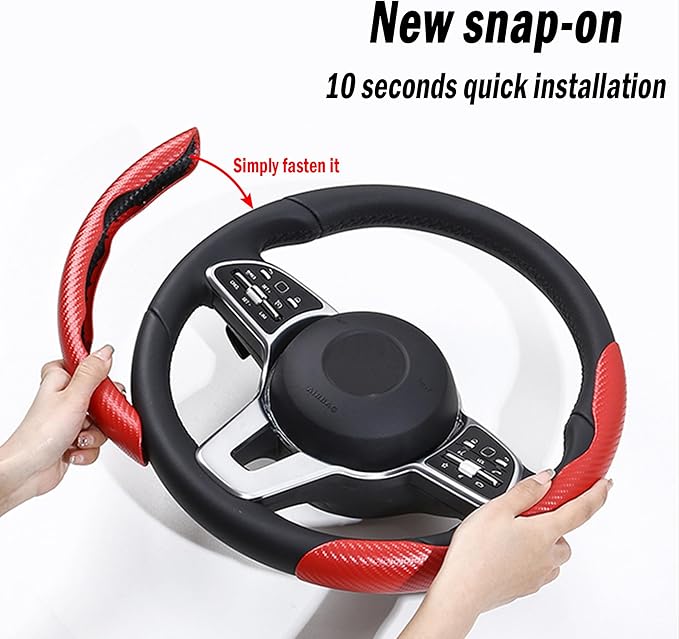 LevChall Carbon Fiber Steering Wheel Cover, 2-Piece Set Anti-Skid Comfortable Grip Segmented Butterfly Design, Easy Snap-On Installation Universal Fit 99% Cars, Red