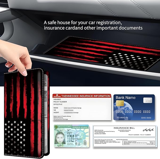 BAUCIWLD Premium Car Registration and Insurance Card Holder, Cute PU Leather Car Document Holder, Vehicle Glove Box Car Organizer with Magnetic Closure for Driver License, Cards Black Red Flag