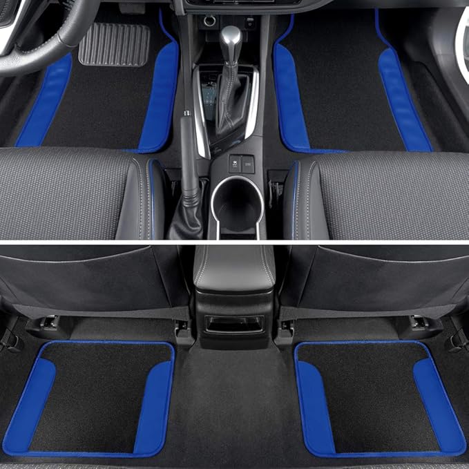 BDK Carpet Floor Mats for Cars, Two-Tone Carpet Car Mat with Faux Leather Accents, Automotive Floor Mat Sets with Built-in Heel Pad, Stylish Interior Car Accessories Blue