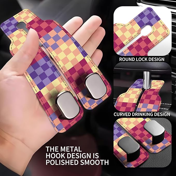 AXBSAKDI Car Seat Back Storage Headrest Hook, Premium Leather Double Metal Hook, Hanger Storage Organizer for Purse Cloth Bag, Car Interior Accessories Cute Colorful Plaid