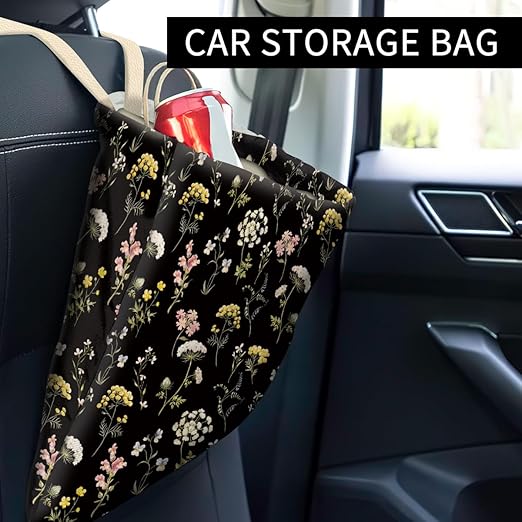 ABUIFDK Car Trash Can, Cute Car Trash Bag, Hanging Car Organizer and Storage Bag, Trash Bin for Car Accessories, Vehicle, Travelling, Camping Cute Black Flowers