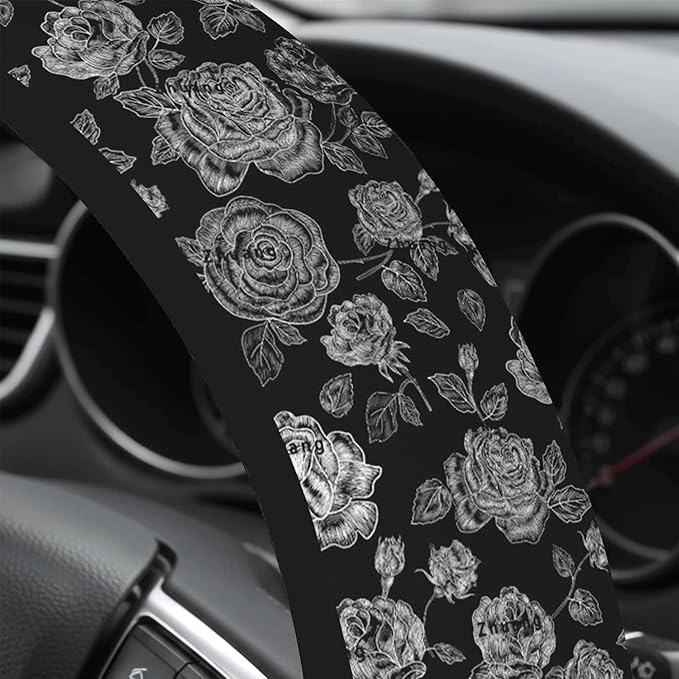 Cute Steering Wheel Cover for Women, Machine Washable Universal 14.5-15.5 inch Non-Slip Grip All Weather Use (Black White Rose)