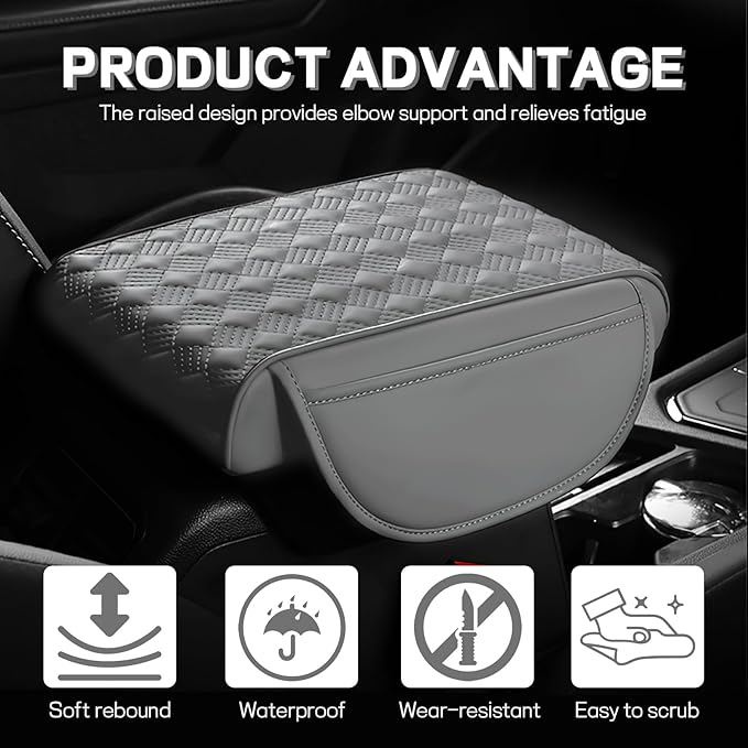 Hbxdeco Car Armrest Cushion, 12.2"×8.3" Leather Auto Memory Foam Center Console Pad with Storage Pocket, Waterproof & Anti-Scratch Elbow Pillow Armrest Seat Box Protector, Universal Fit (Gray)