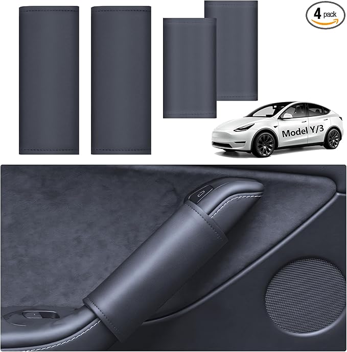 cybtkcar 2025 Tesla 4PCS Grab Handle Cover Model Y Model 3 2017-2025, Tesla Inside Door Handle Protector, Tesla Cover Door Handle Anti-Scratch Leather Handle Plate Model Y Model 3 Accessories
