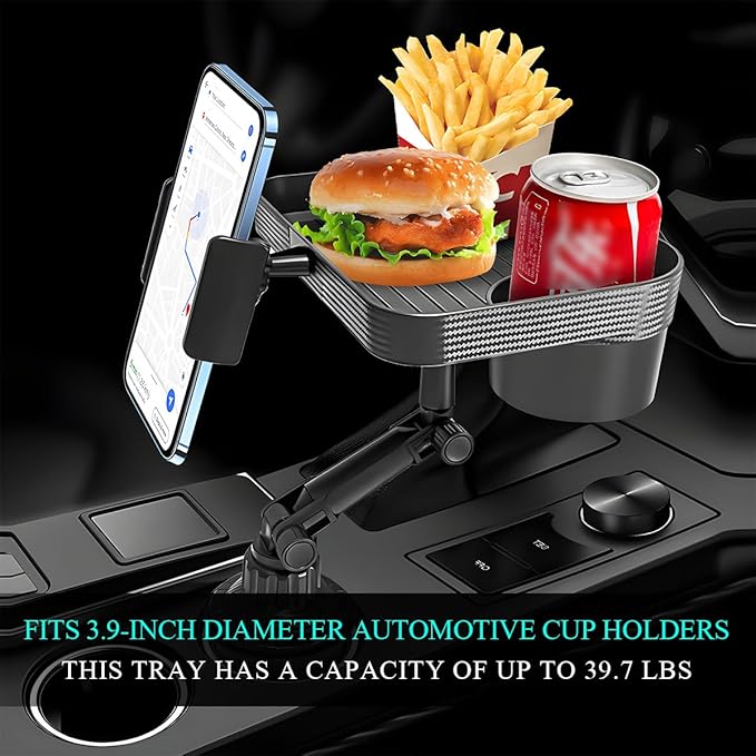 Car Cup Holder Tray, 3 in 1 Detachable Auto Cup Holder Tray Food Table with Phone Stand, Multi-Functional Cup Holder Anti-Slip Tray with Phone Holder, Car Accessories