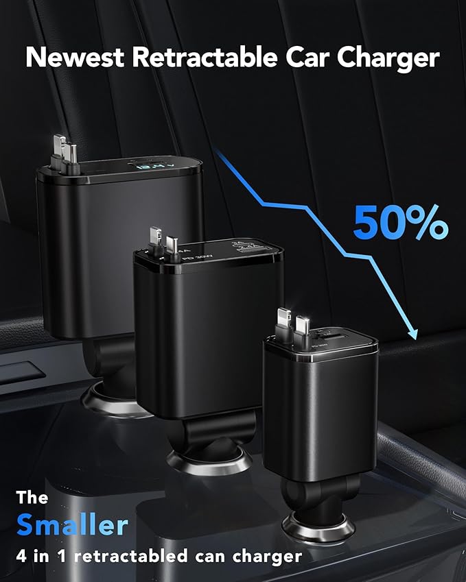 69W Fast Charging USB C Car Charger, 4-in-1 Retractable Phone Charger for iPhone 17, Travel Essentials, Gifts for Women Men, Car Accessories for Women Men, for iPhone 17 16 15 14 13, Galaxy, Pixel
