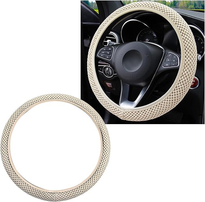 Elastic Steering Wheel Cover, 15"×15" Comfy Breathable Stretch Steering Wheel Protector, Ice-Silk Cloth Polyester Steering Wheel Cover for Men Women, Car Accessories (Beige)