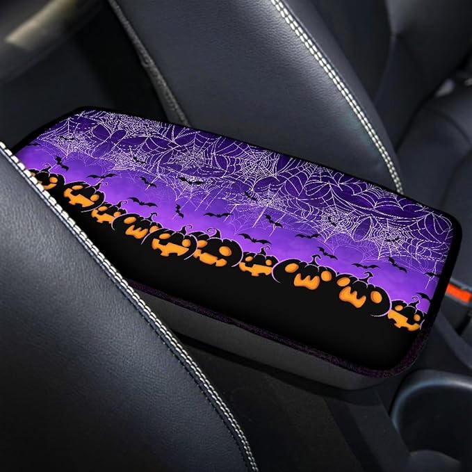 Mintutlipy Car Center Console Cushion Cover Car Interior Accessories Universal 12.3×7.5 Inches Automotive Armrest Protector-Halloween Spider Web Pumpkin