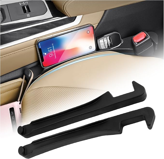 2PCS Car Seat Gap Filler Organizer with Side Hooks + Grooves,3 in 1 Car Seat Side Gap Filler for Filling Crevices and Storing Items,Updated No Drop Seat Guard Vehicle Accessories (Black)