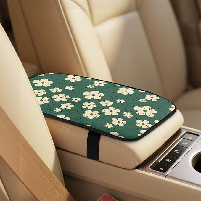 FUSURIRE 5Pcs Car Accessories Set Green Daisy Print PU Front Seat Covers, Seat Belt Covers & Center Armrest Pad Universal FIT for Car, SUVs,Van,Small Trucks