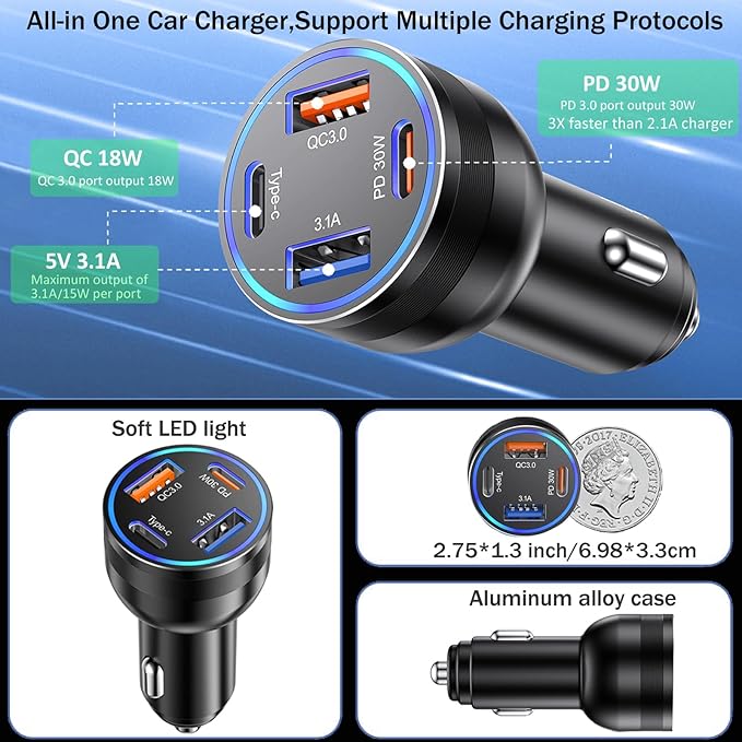 Car Charger USB C Fast Charging, 65W 4-Port Fast Car Phone Charger Accessories Dual USB-C & USB-A Cargador Carro Cigarette Lighter Adapter for iPhone 17 16 15 14 13 Pro Max,iPad,Samsung,Tablet,Android