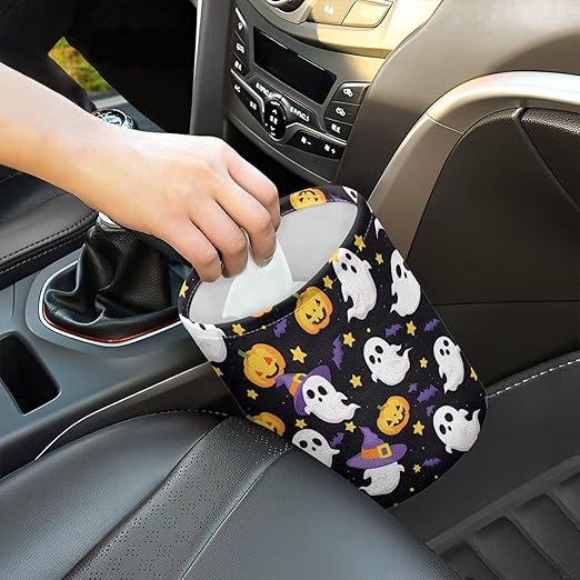 Cute Ghost Pumpkins Hanging Car Trash Bag Vehicle Trash Can with Adjustable Buttons Collapsible Multipurpose Auto Storage Bag Road Trip Essentials