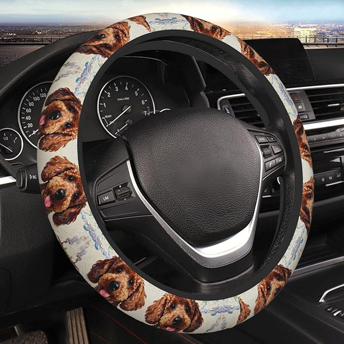 Multi-Color Poodle Dog Neoprene Steering Wheel Covers Women Men Car Accessories, Universal 15 Inch Fit Auto, Suvs, Truck