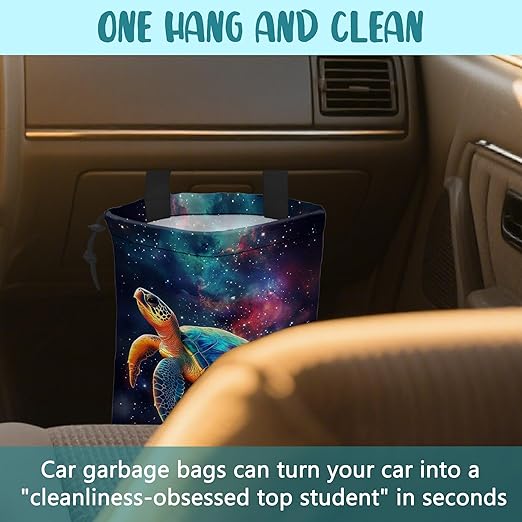 KXWQTRDD Colorful Galaxy Nebula Car Garbage Bag Sea Turtle Drawstring Car Trash Bag Hanging for Back Seat with Adjustable Buckle Canvas Vehicle Trash Can Easy-to-Install