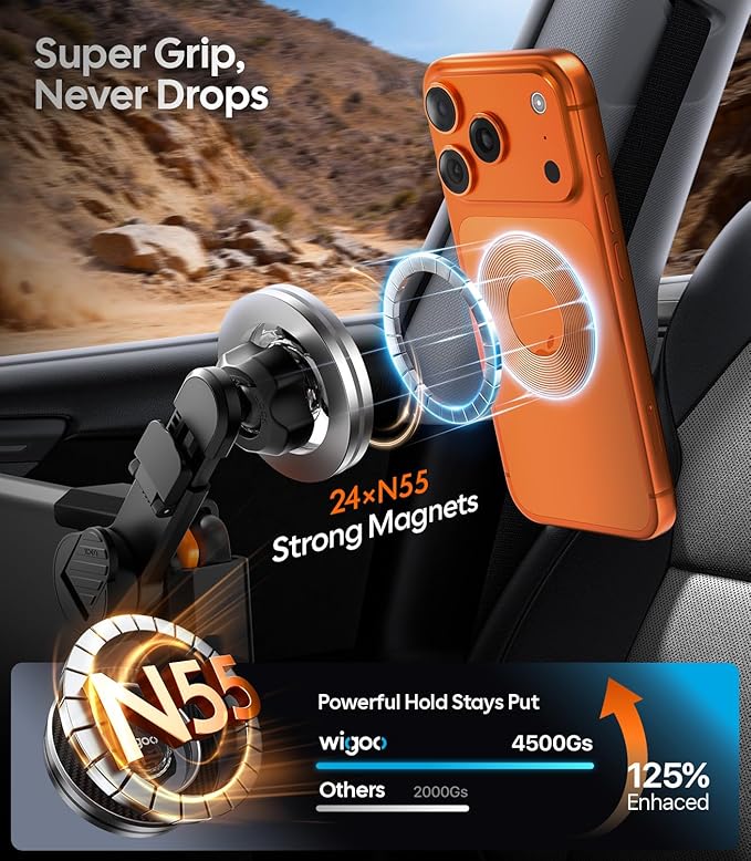 Wigoo for Magsafe Tesla Phone Mount, Magnetic Phone Holders for Tesla Model 3 Y Accessories, 【Strongest Magnet Power, No Glue, Extendable Arm】 Vacuum Car Phone Mount for iPhone 17 16 15 14 13 Series