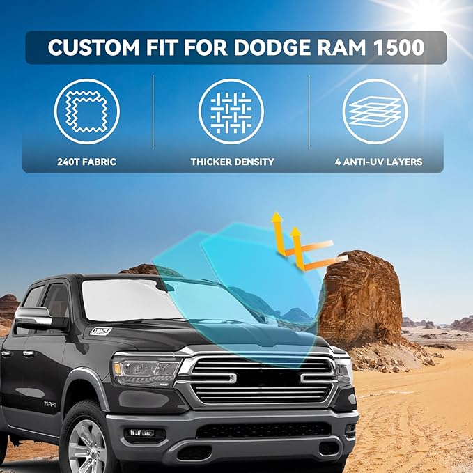 for Dodge Ram 1500 2011-2018 Windshield Sun Shade - 4 Layers Car Sunshades for Front Windows Shade Cover Custom Fit Ram 1500 Sun Visor 240T Retractable Shade Blocks UV Rays Car Accessories
