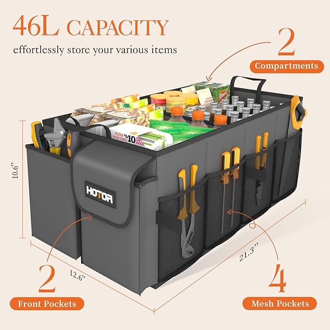 HOTOR Foldable Trunk Organizer - 2-Compartment 21.3"×12.6"×10.6" Grey SUV & Sedan Organizer for Accessories, Tools and Sundries
