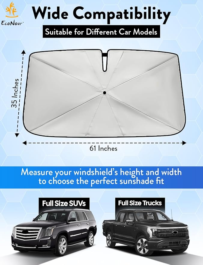 EcoNour Premium Umbrella Windshield Sun Shade for Car | Foldable UV Blocker Front Windshield Sunshade | Umbrella Shade Accessories with Storage Pouch | Full Size SUVs &MPV| Large - 61"x35"